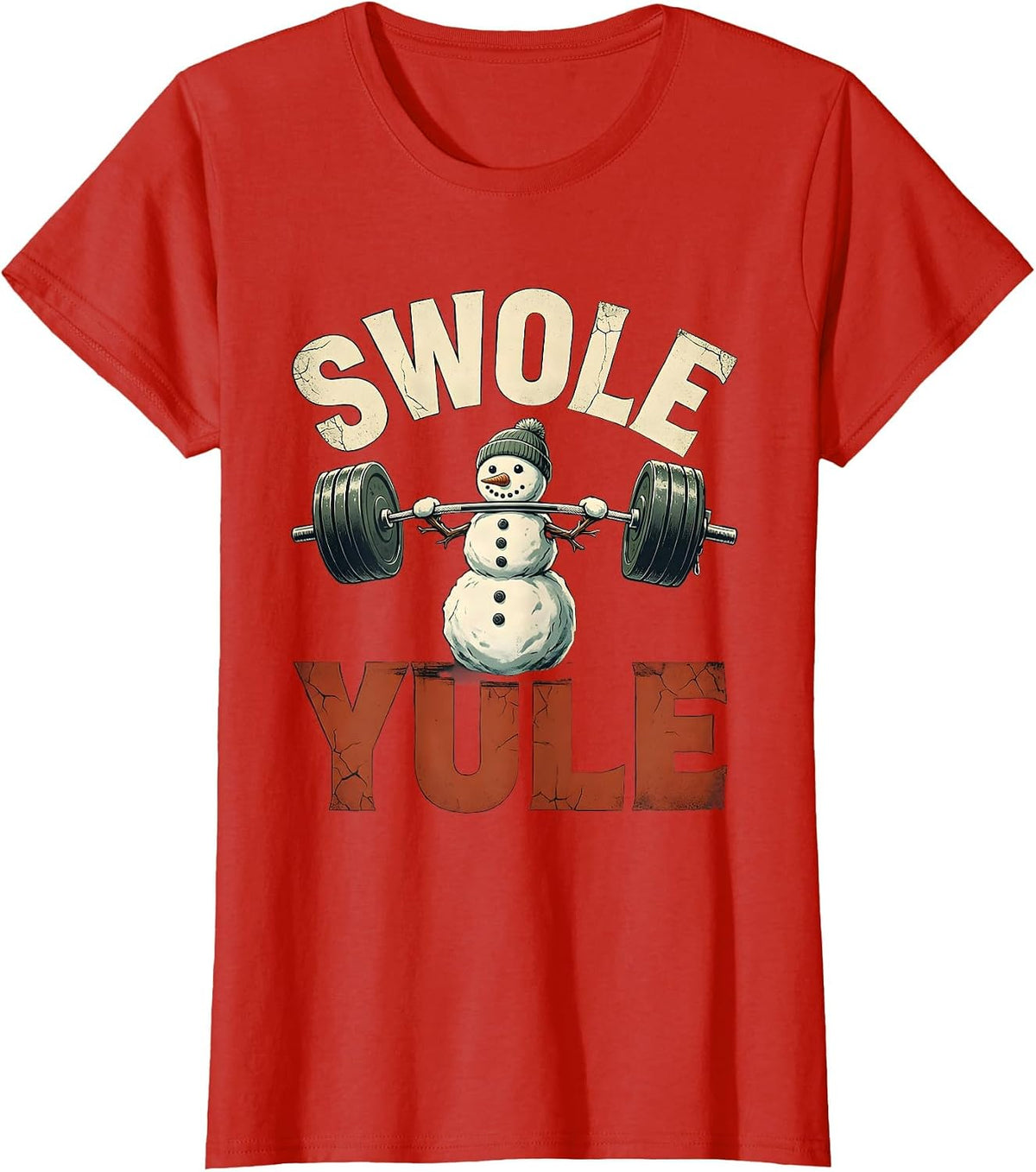 Women's Swole Yule Distressed Funny Christmas Weightlifting Gym T-Shirt - Red