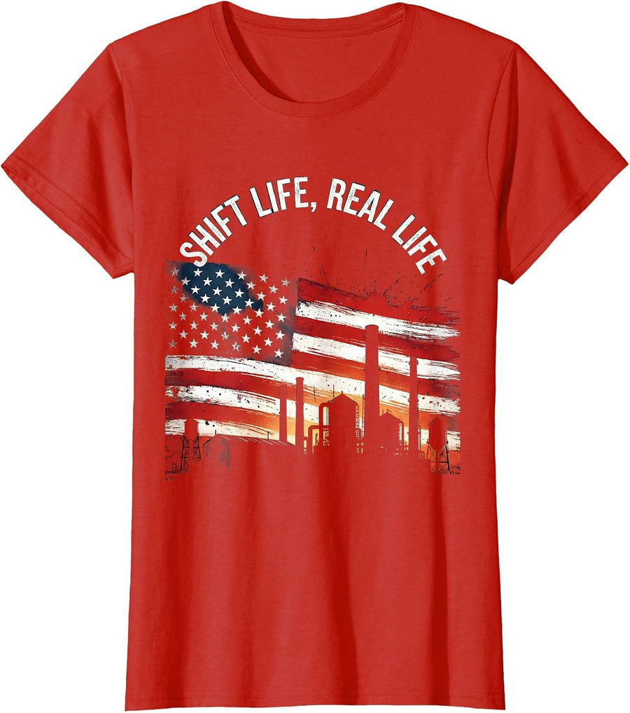 Women's Shift Life Labor Day Factory Skyline Dawn Design T-Shirt - Red