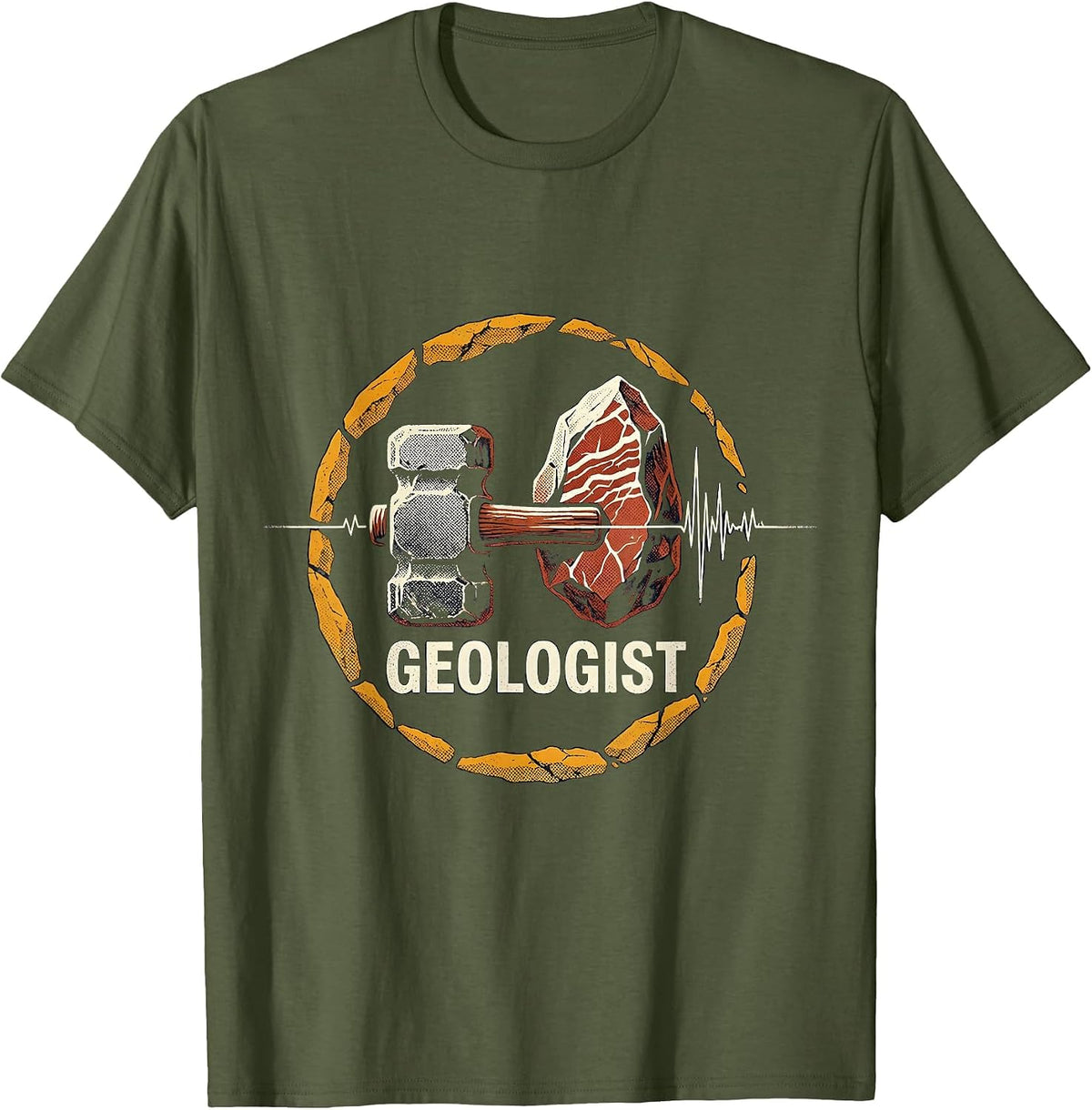 Men's Geologist Heartbeat Pulse EKG Rock Hammer Geology Hobby T-Shirt - Olive Green
