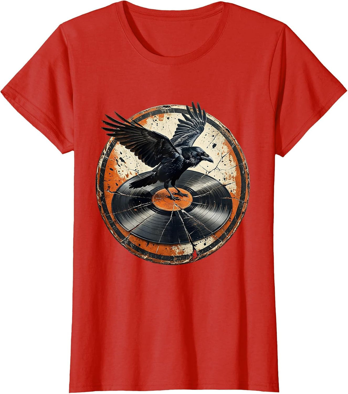 Raven on Cracked Vinyl Record Rock Art T-Shirt - Red