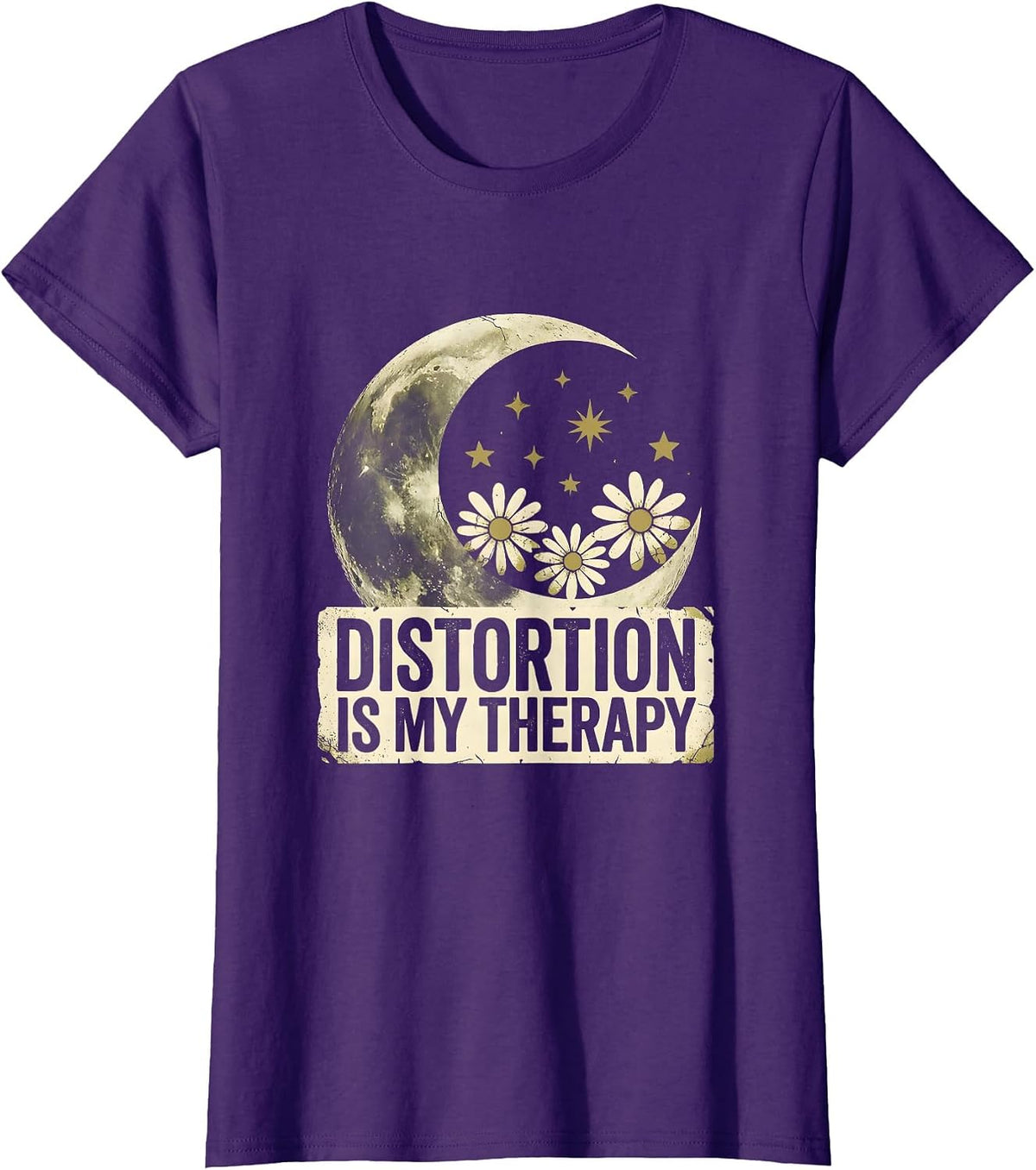 Women's Distortion Is My Therapy 80s Rock Band Design T-Shirt - Purple