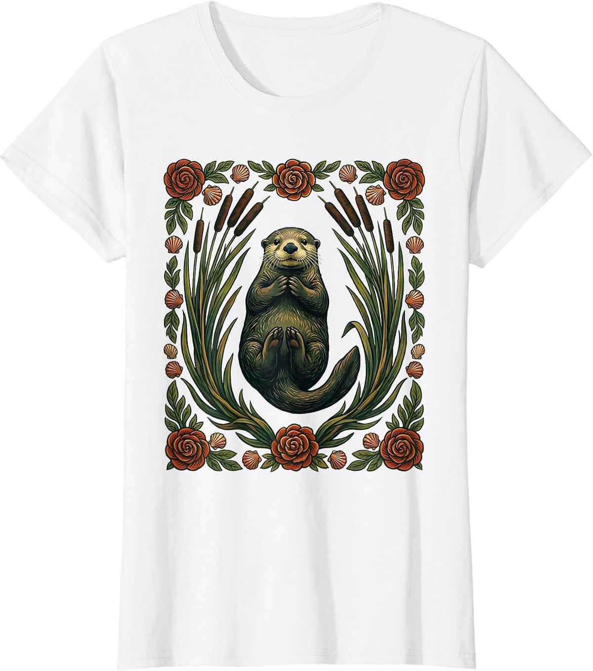 Women's Sea Otter Folk Art Floral Otter Lover Gift T-Shirt - White