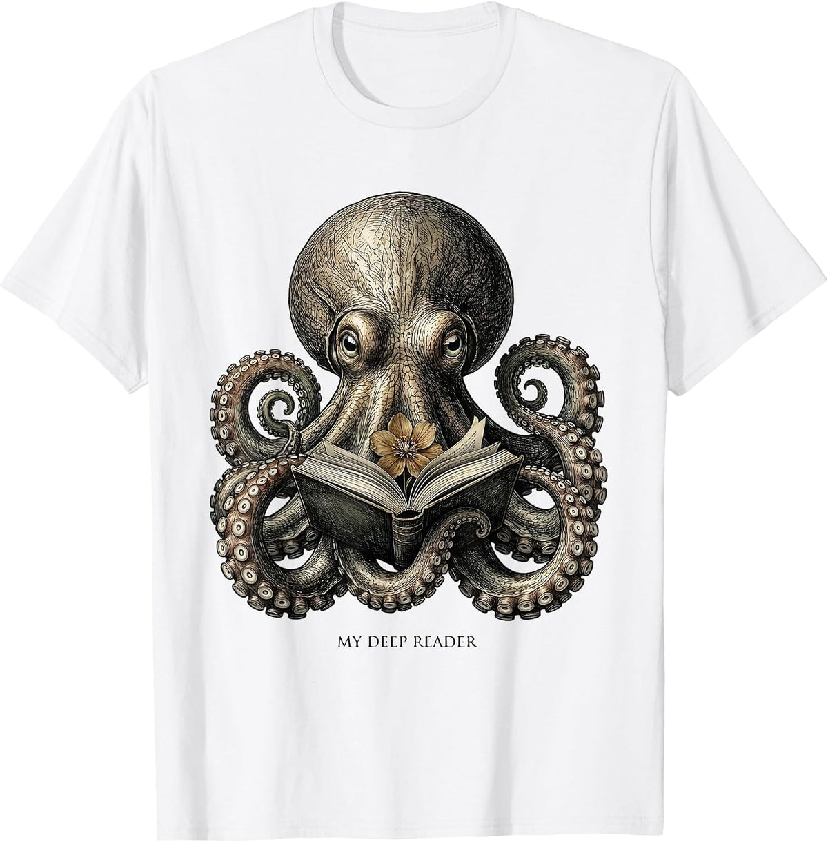 Men's My Deep Reader Botanical Octopus Book Lover Reader Art T-Shirt - White