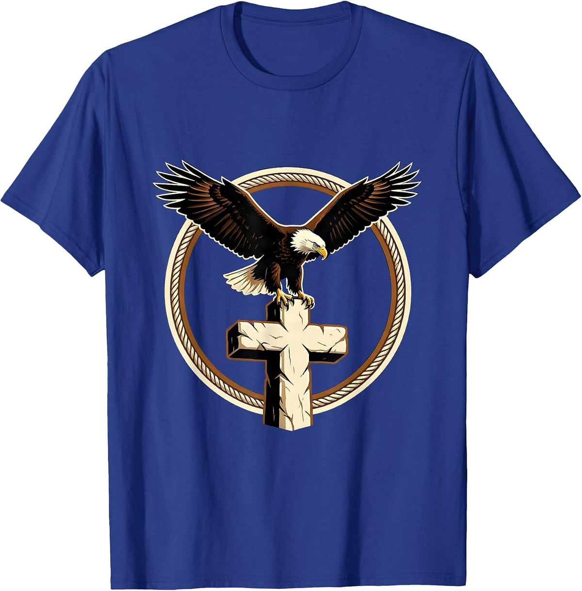 Men's Bald Eagle Perched on Stone Cross Christian Design T-Shirt - Royal Blue