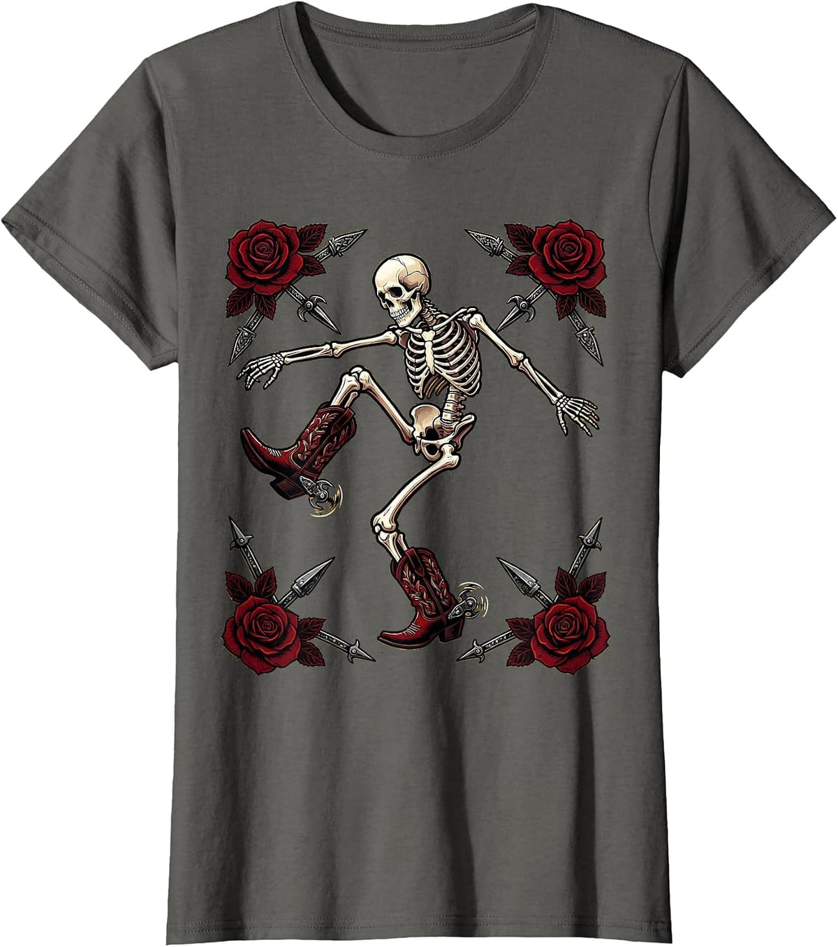Women's Cowboy Boot Line Dancing Skeleton Graphic T-Shirt - Asphalt Grey