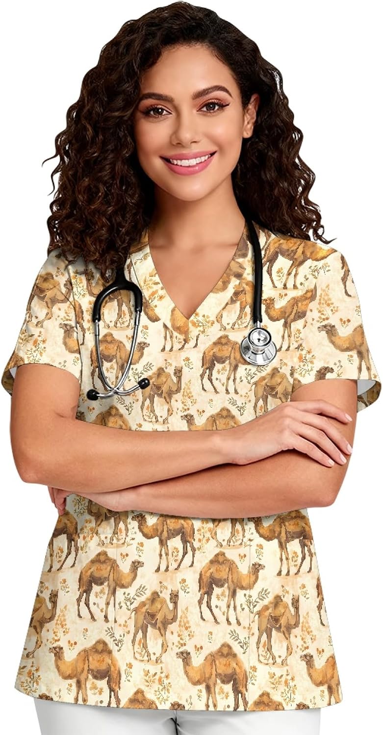Dellukee Women's Scrub Top Medical Nursing Shirts with Pockets Soft Lightweight Work Tops, Short Sleeve, V-Neck, S-5XL -