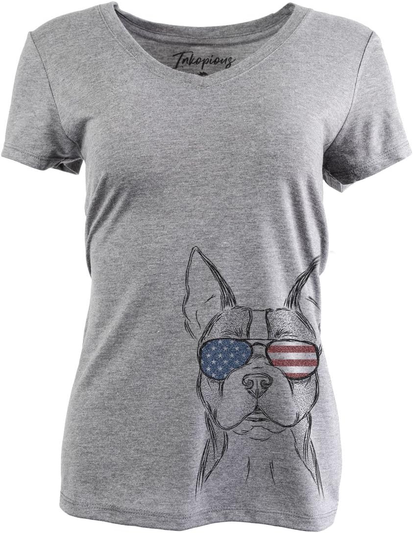 Patriotic Scout the Boston Terrier Triblend T-Shirt - Grey Relaxed V-neck