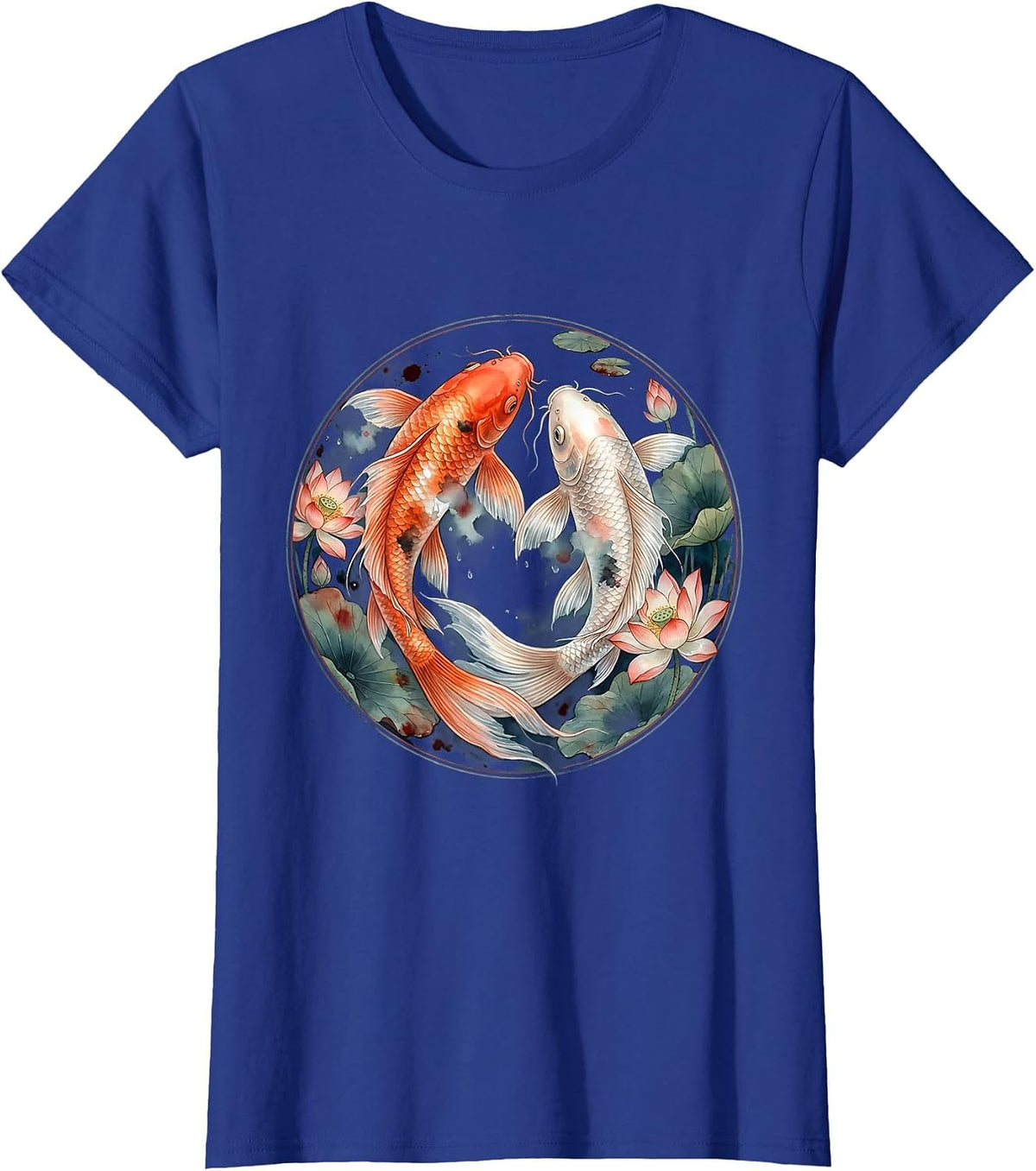 Women's Koi Fish Yin Yang Circle Illustration T-Shirt - Royal Blue