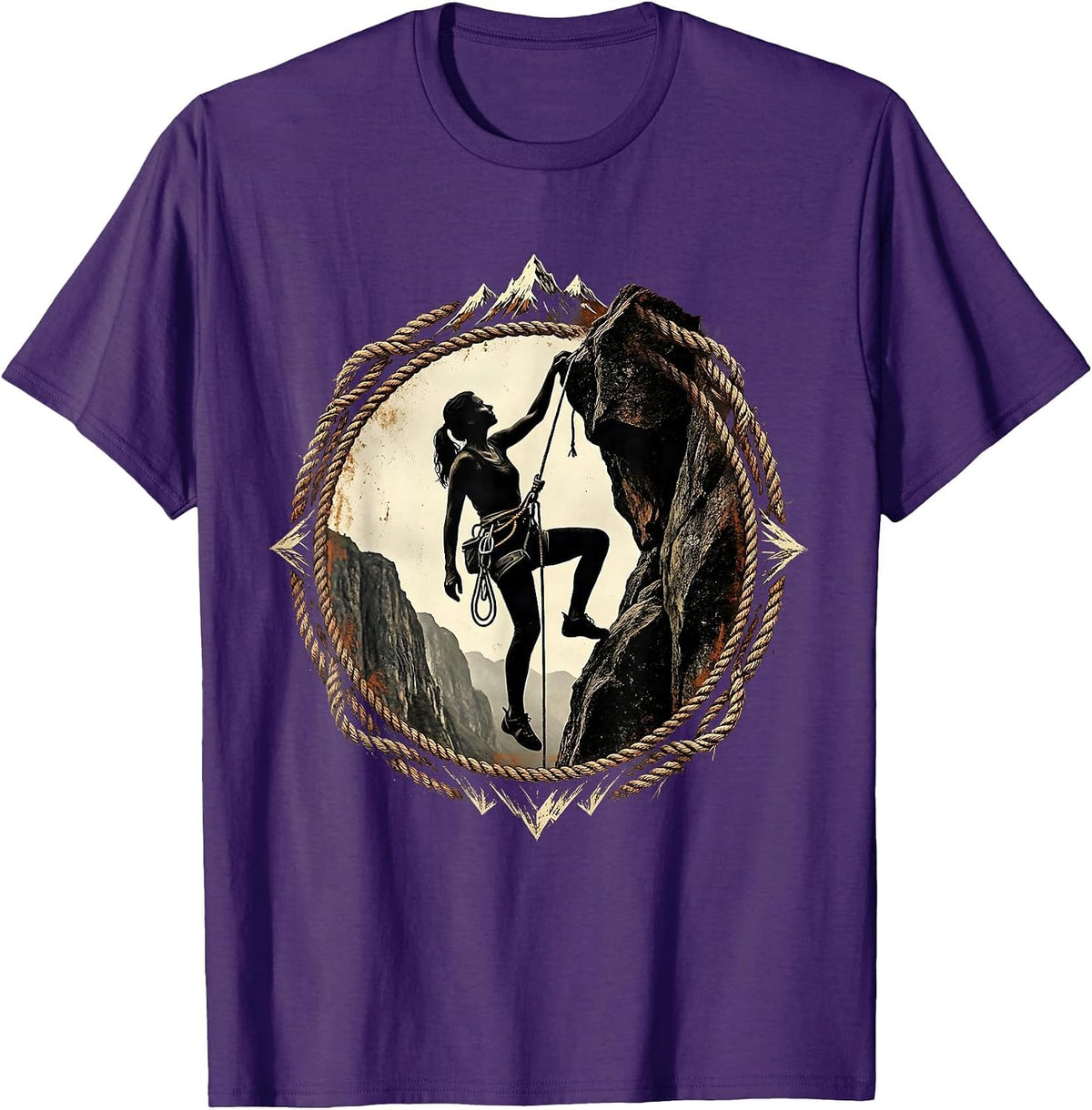 Woman Rock Climber Cliff Face Illustration T-Shirt - Purple