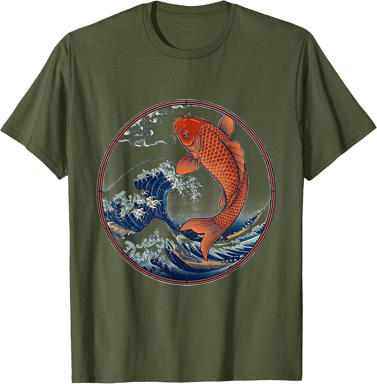 Men's Koi Fish Leaping Through Crashing Wave T-Shirt - Olive Green