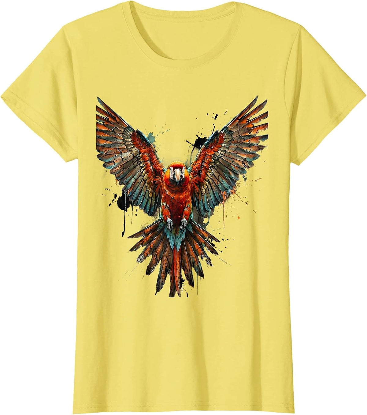 Parrot in Flight Spread Wings Illustration T-Shirt - Lemon Yellow