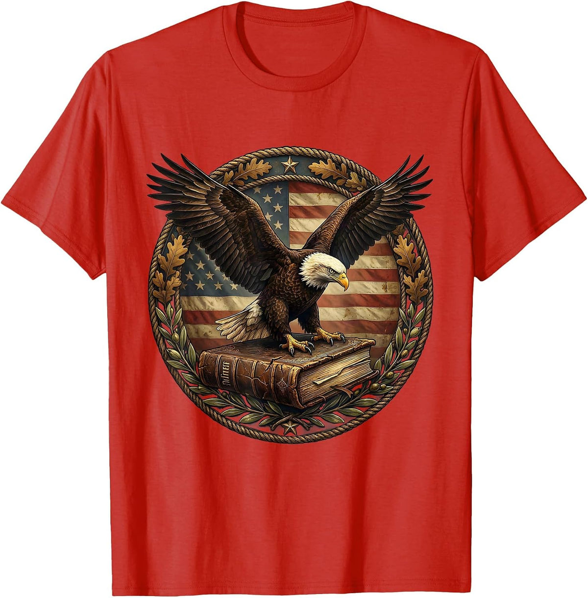 Men's Bald Eagle Perched on Bible Patriotic Graphic T-Shirt - Red