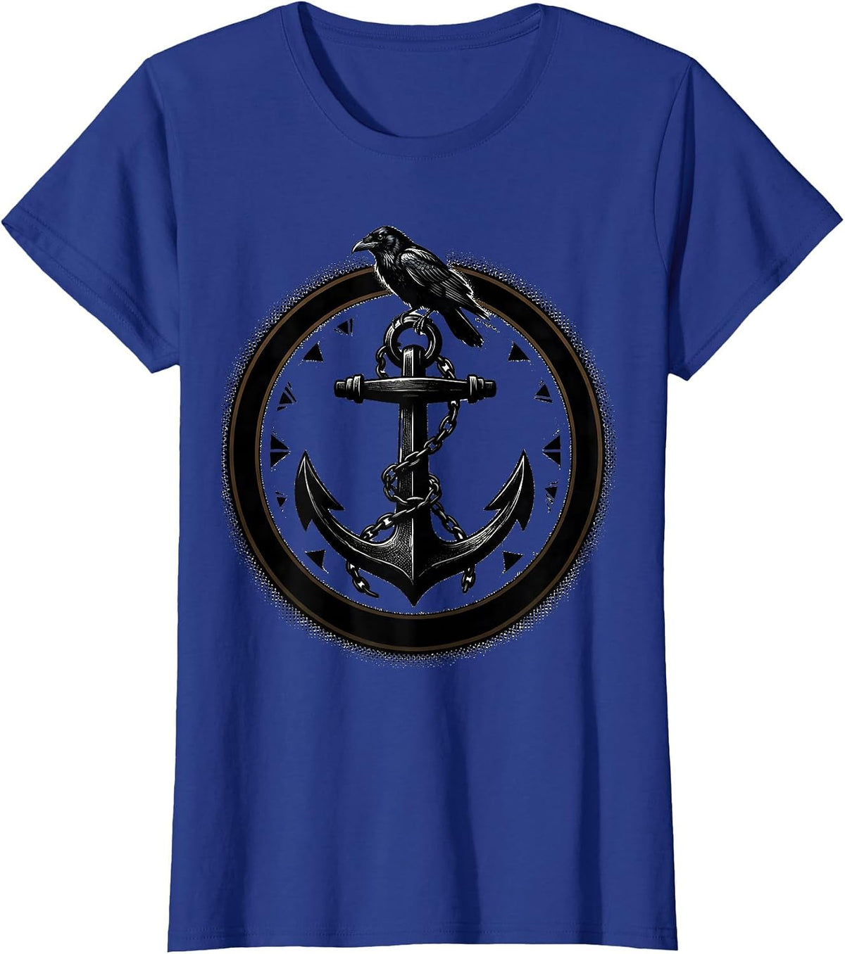 Women's Crow Perched on Anchor Nautical Bird Illustration T-Shirt - Royal Blue