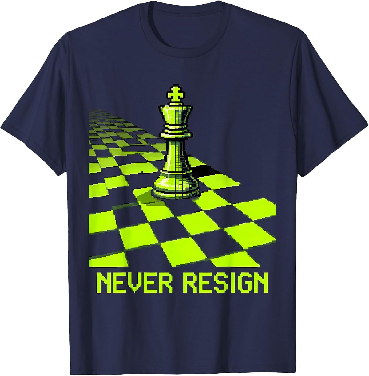Men's Never Resign Pixel Art Chess Player Strategic Wit Humor T-Shirt - Navy Blue