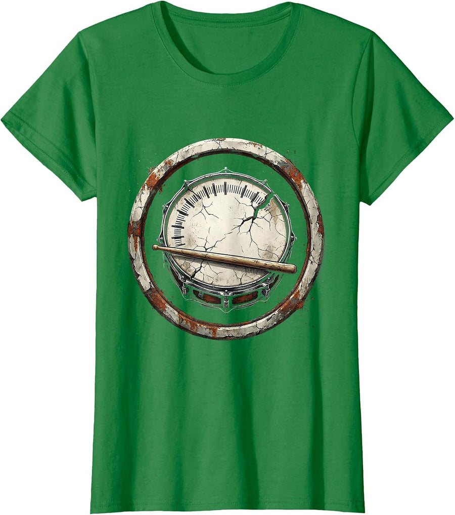 Women's Sealed Drum Badge Distressed Drummer Humor T-Shirt - Kelly Green