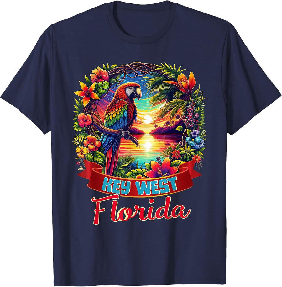 Key West Florida Shirt Parrot Tropical Beach Hibiscus Flower T-Shirt - Navy Blue