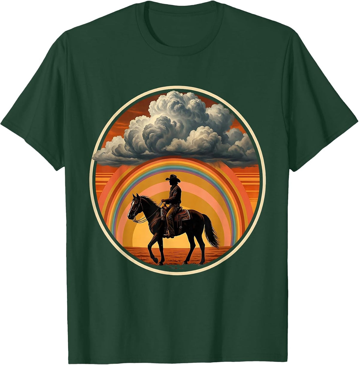 Cowboy Silhouette Riding Into Storm Clouds T-Shirt - Dark Green