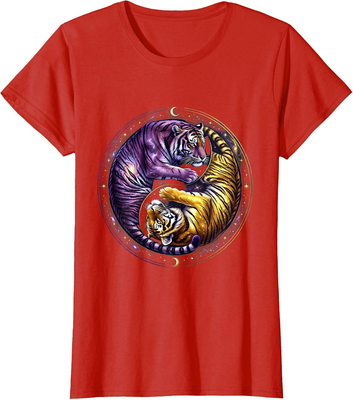 Twin Tigers Yin Yang Balance Graphic Design T-Shirt - Red