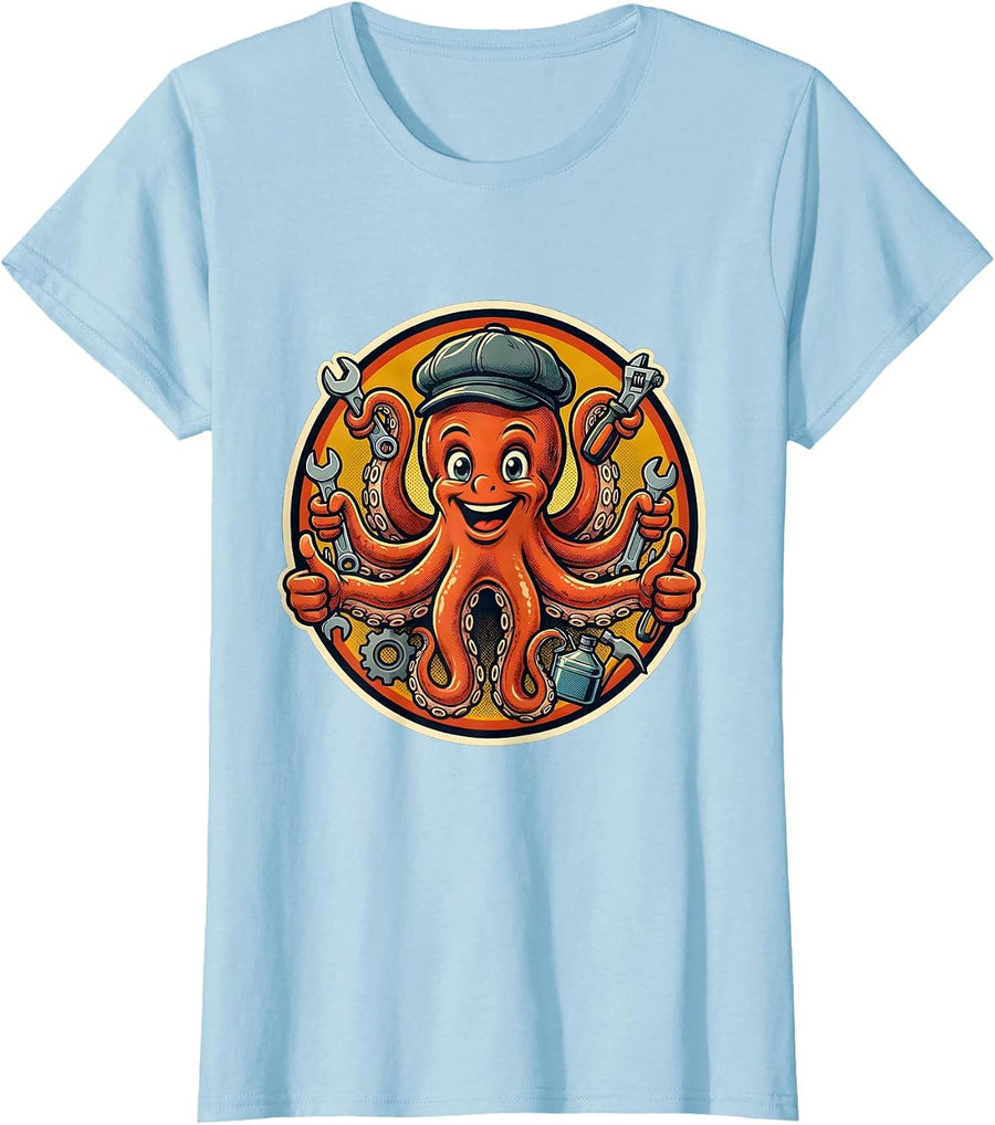 Women's Octopus Mechanic Graphic Tee Funny Auto Repair T-Shirt - Baby Blue