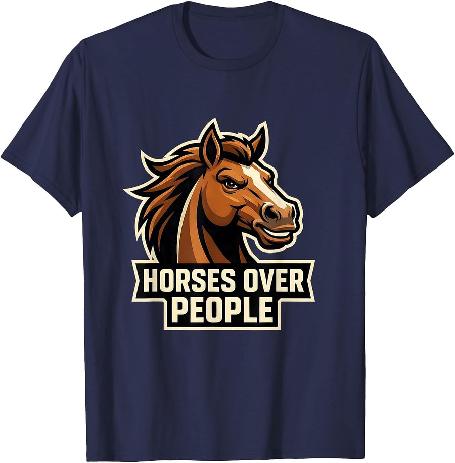 Horses Over People Equestrian Lover Design T-Shirt - Navy Blue