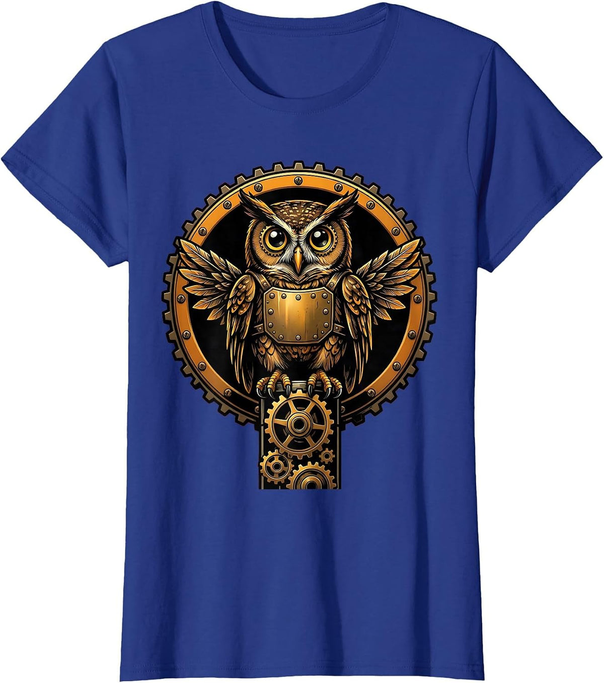 Women's Steampunk Mechanical Owl on Gear Stack Design T-Shirt - Royal Blue