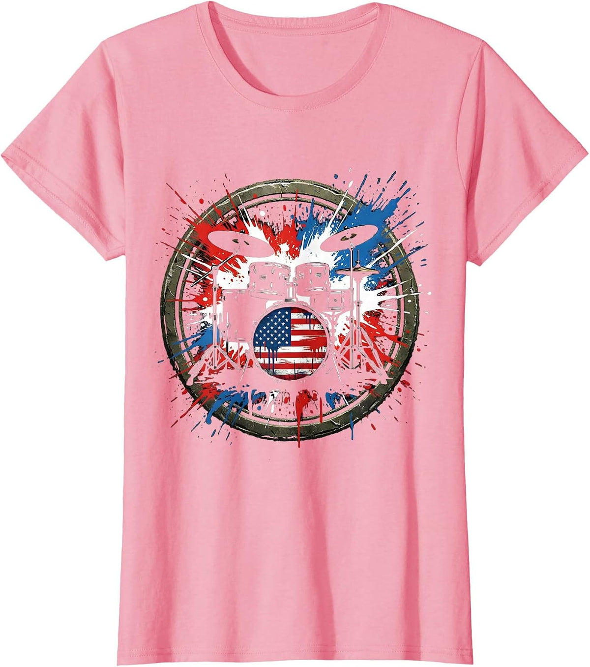 Women's Patriotic Drum Kit Red White and Blue Splatter T-Shirt - Pink