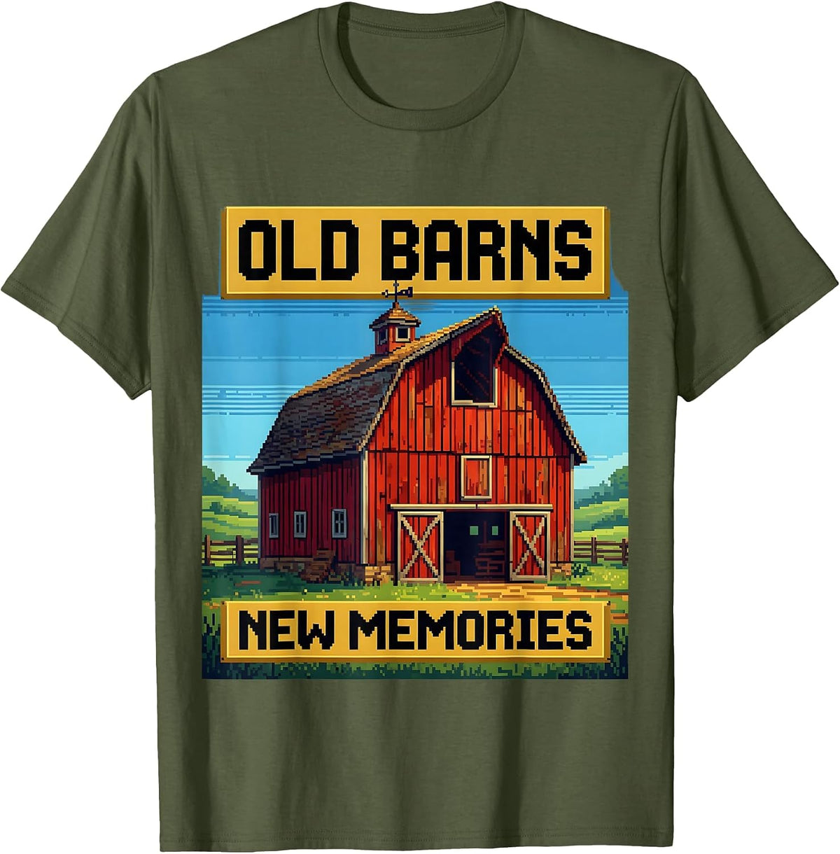 Old Barns New Memories Rustic Farm Design T-Shirt - Olive Green