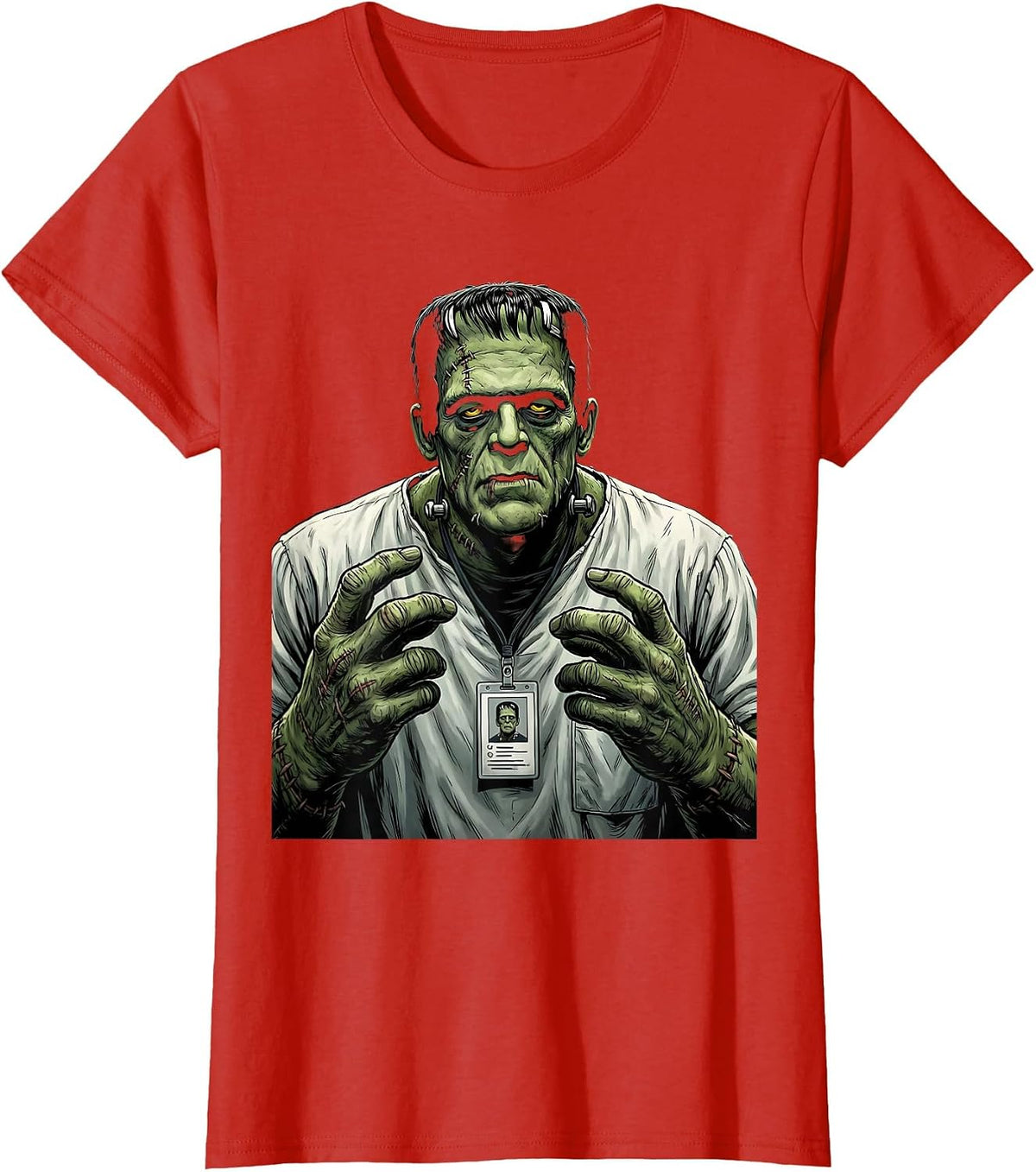 Nurse Frankenstein Halloween Scrubs Monster Graphic T-Shirt - Red