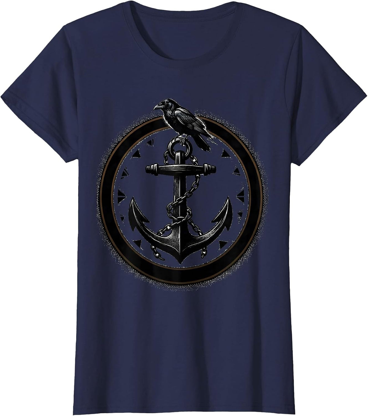 Women's Crow Perched on Anchor Nautical Bird Illustration T-Shirt - Navy Blue