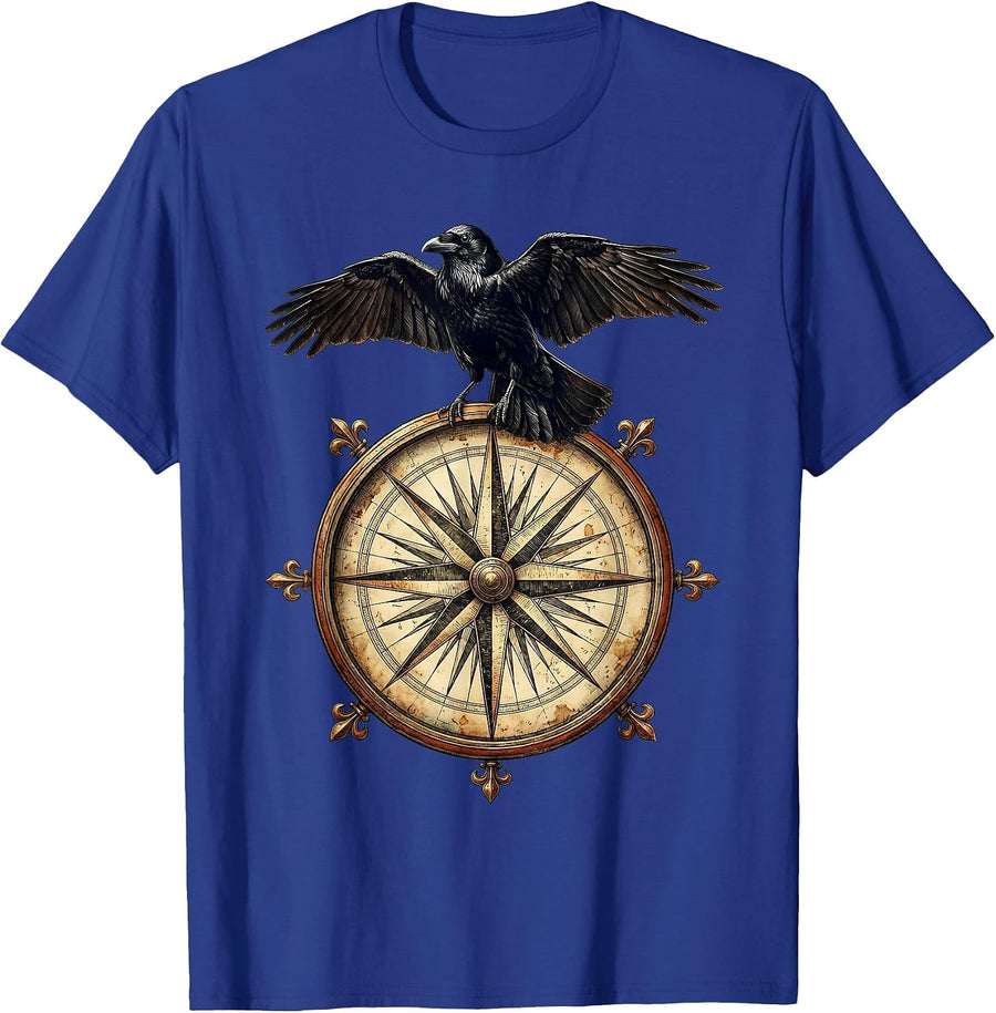 Crow Perched on Vintage Compass Rose T-Shirt - Royal Blue