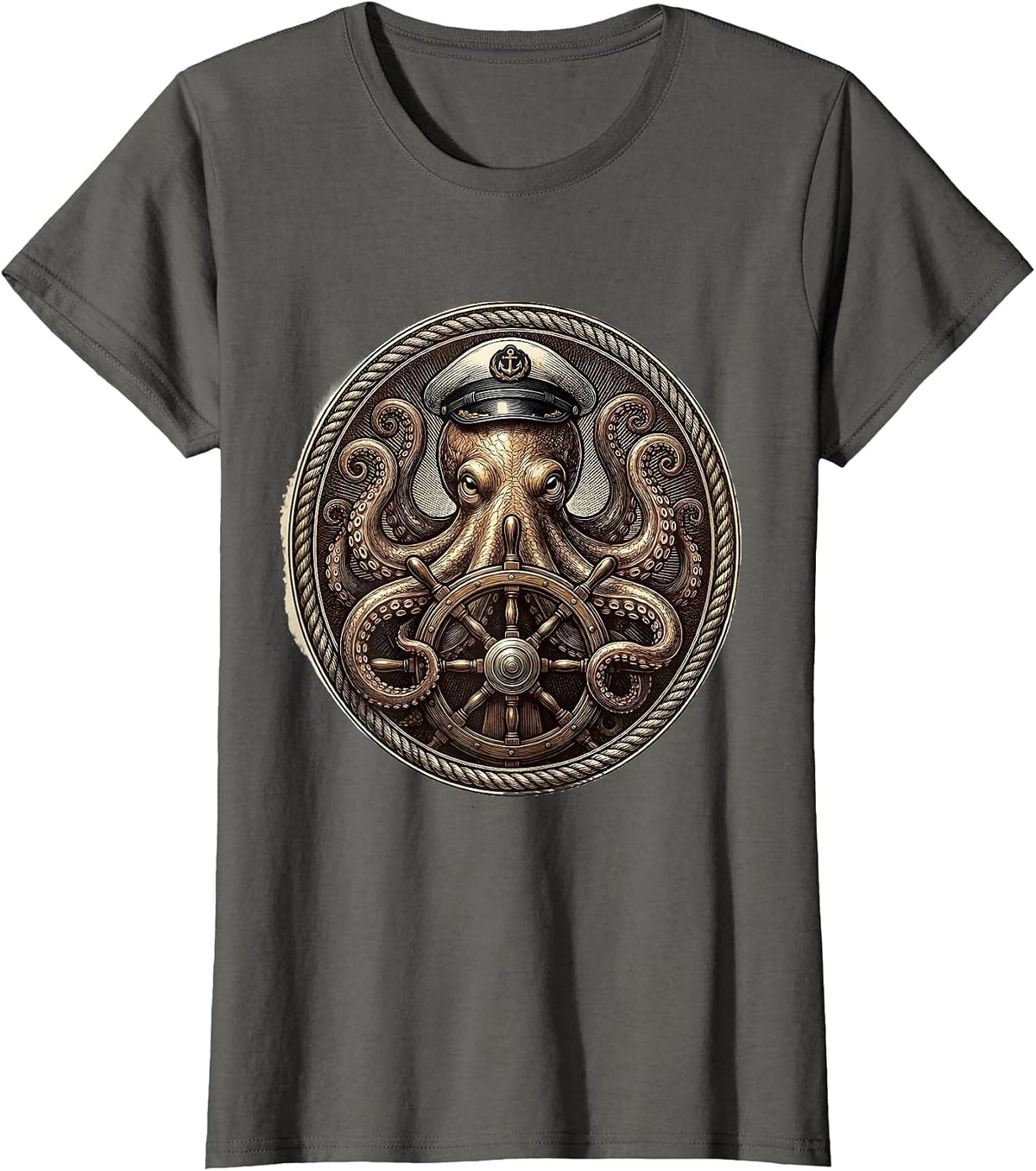 Women's Octopus Captain at the Helm Nautical Design T-Shirt - Asphalt Grey