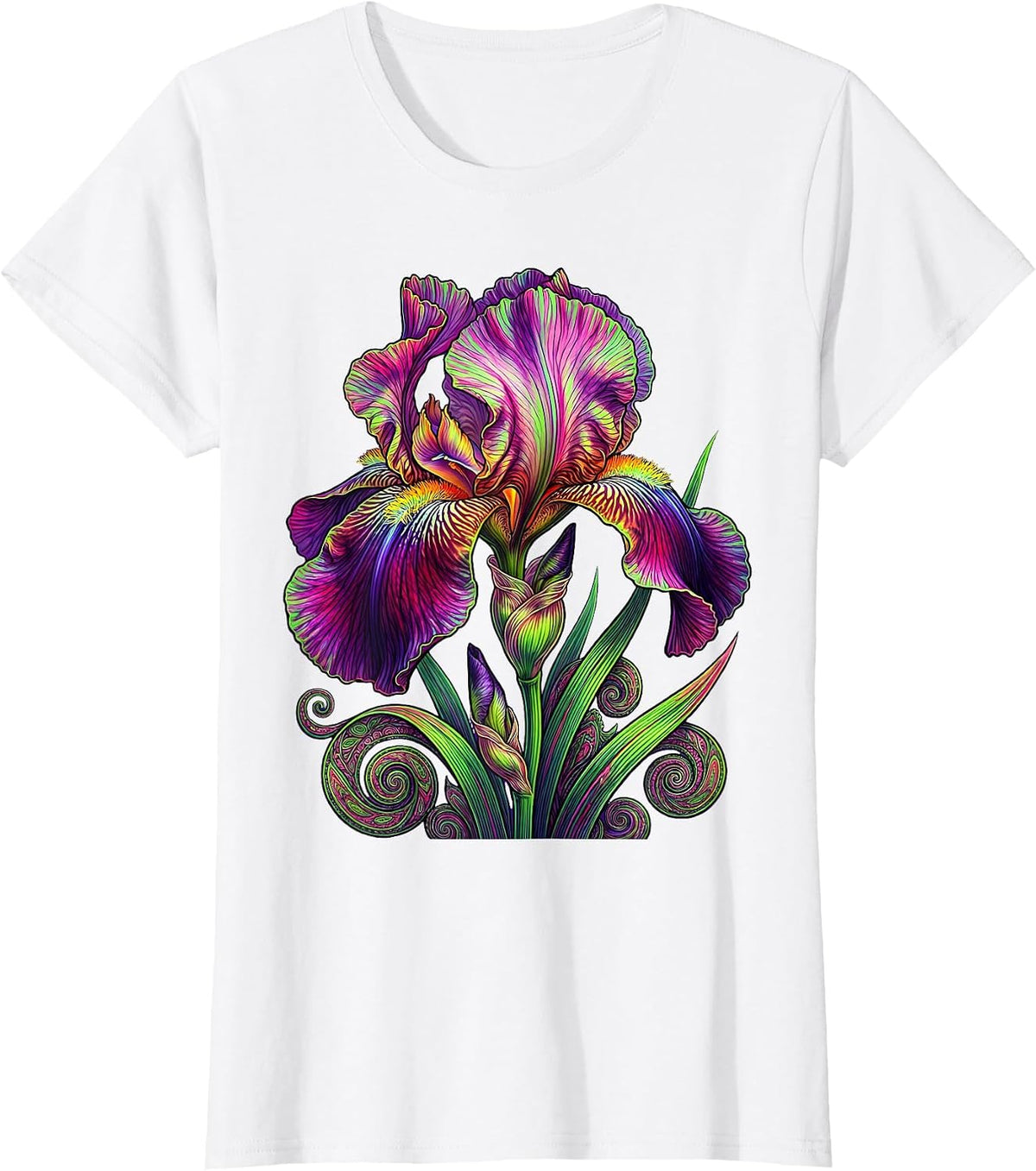 Iris Flower Intricate Ink Line Art Design T-Shirt - White