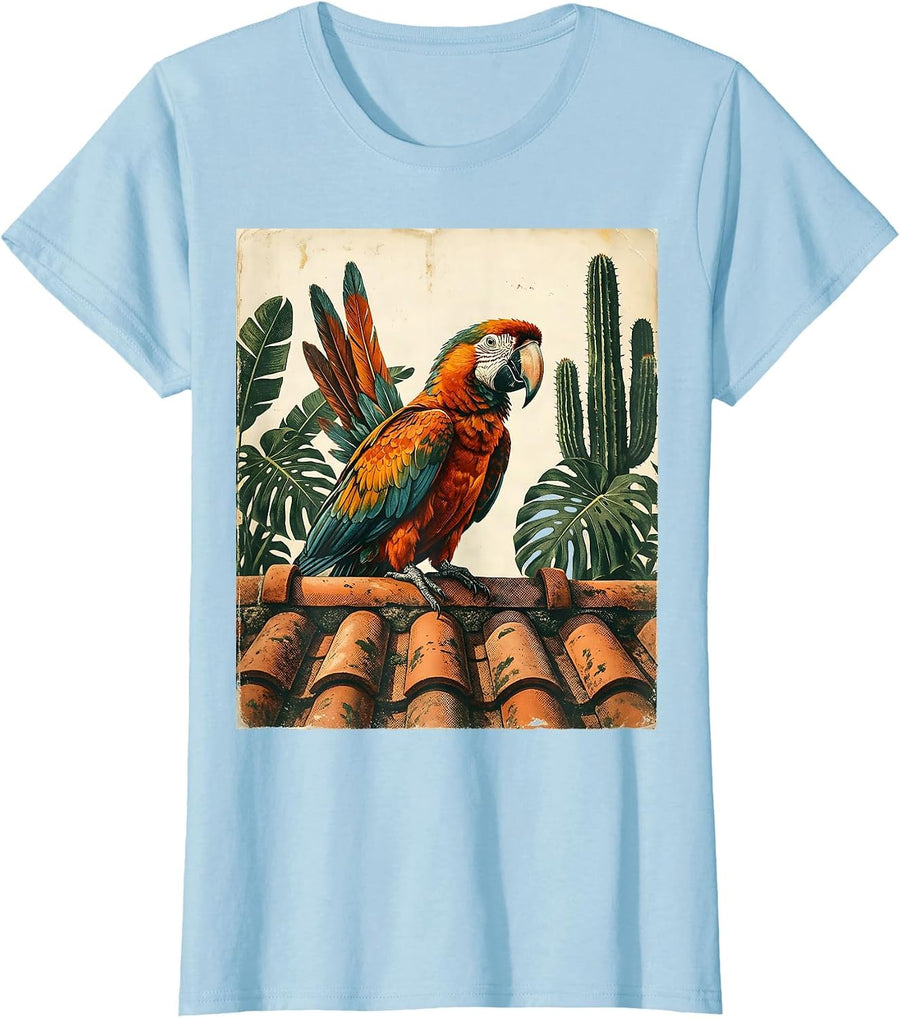 Women's Bright Parrot on Terracotta Roof Mexico Art T-Shirt - Baby Blue