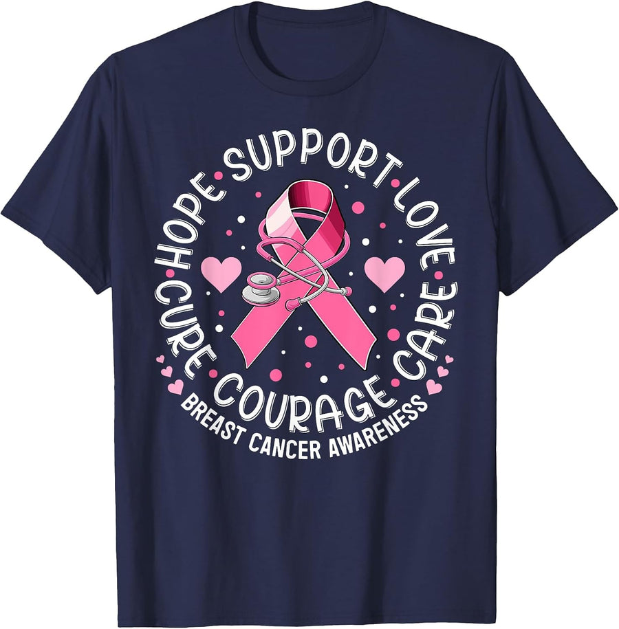 Breast Cancer Awareness Pink Ribbon Nurse Scrub Top Support T-Shirt - Navy Blue
