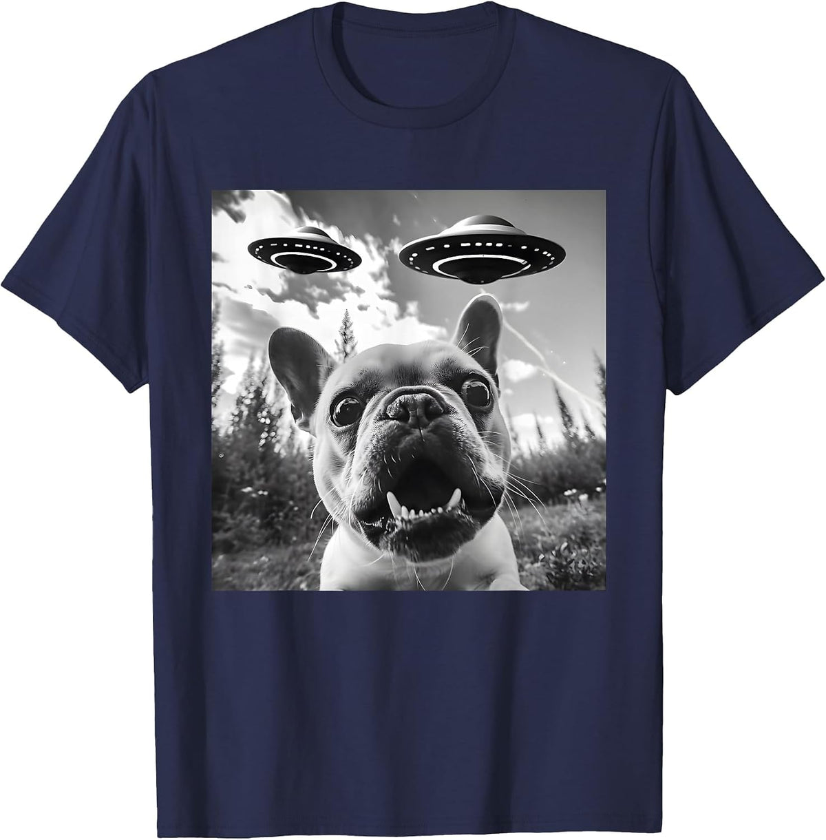 Funny French Bulldog Selfie with UFO Men Graphic T-Shirt - Navy Blue