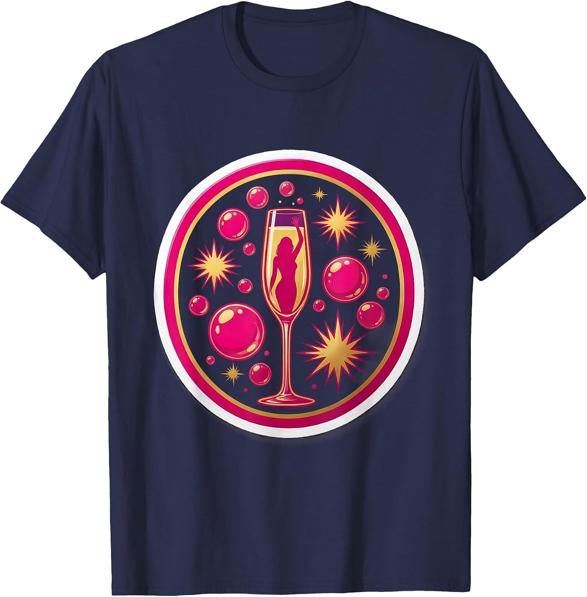 Birthday Girl Champagne Glass Silhouette Graphic T-Shirt - Navy Blue