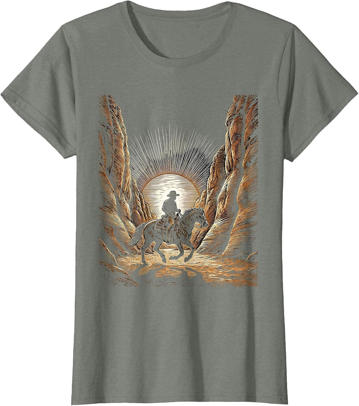Cowboy Riding Horse Through Canyon at Dusk T-Shirt - Olive Heather