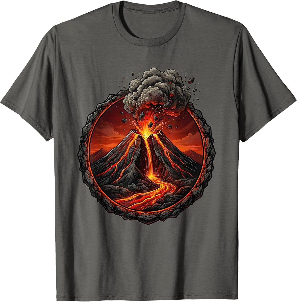 Erupting Volcano Lava Stream Graphic Design T-Shirt - Asphalt Grey