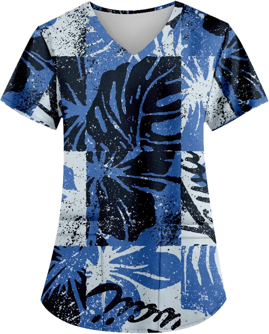 AMOMA Women Mid-Century Vintage Pattern Nurse Tops with Two Pockets V-Neck Short Sleeve Scrub Shirts - 15 Blue Black Leaf