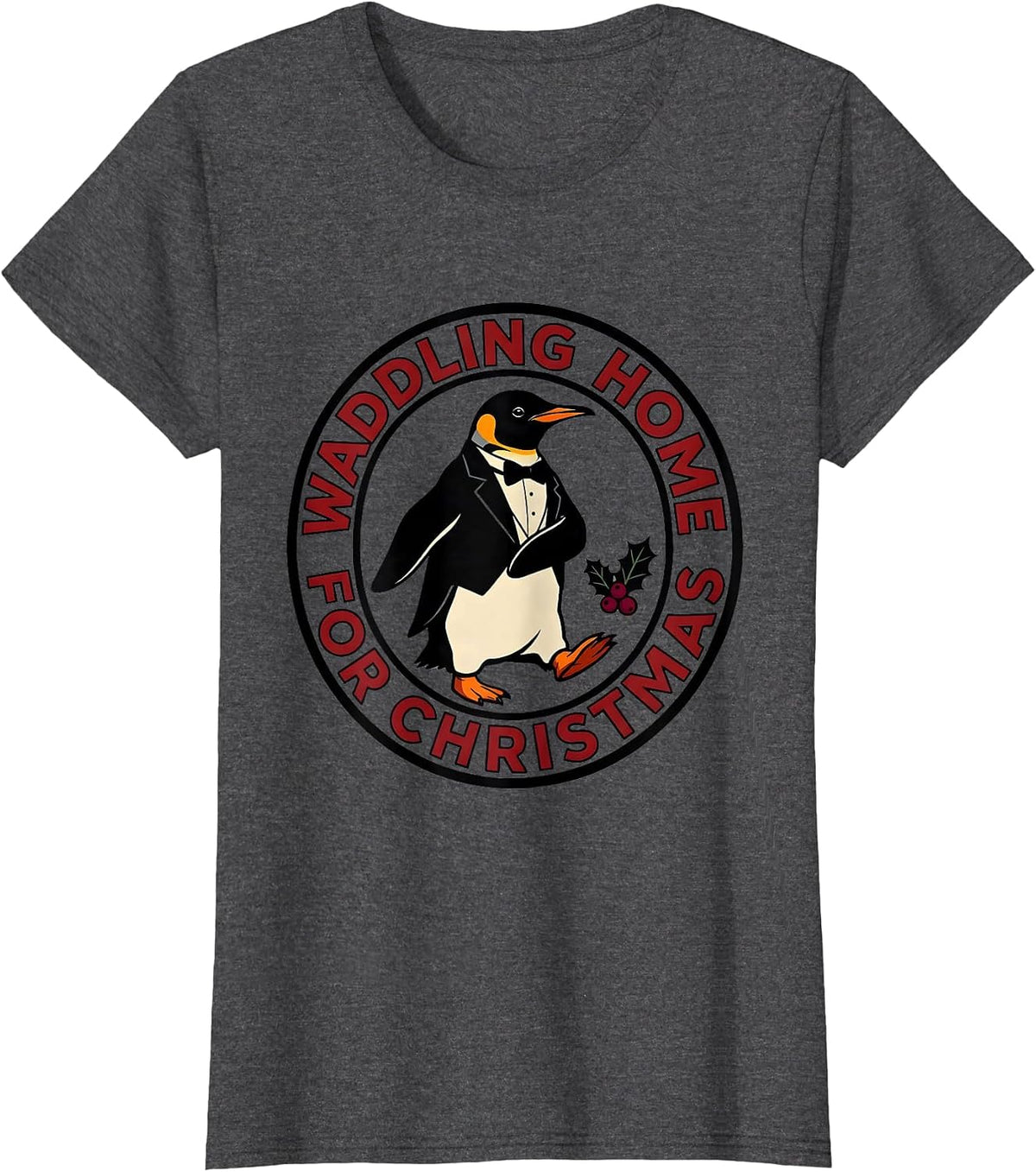Women's Waddling Home For Christmas Funny Penguin Lover Christmas T-Shirt - Dark Heather Grey