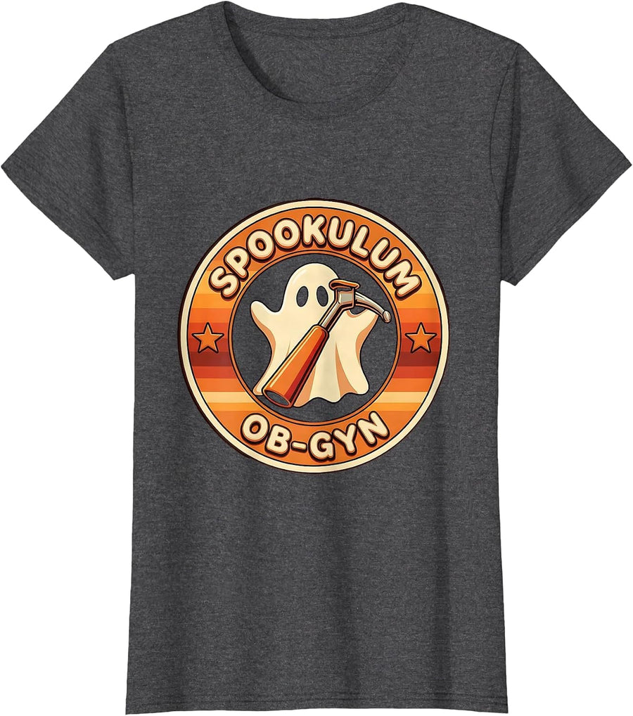 Women's Spookulum OB-GYN Retro 70s Halloween Nurse Medical Humor T-Shirt - Dark Heather Grey