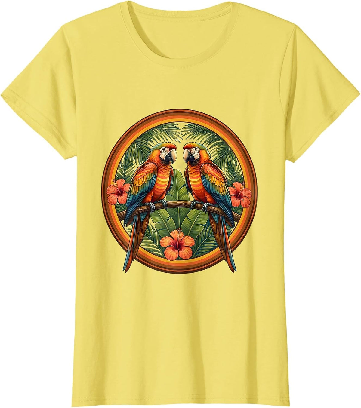 Women's Tropical Parrot Aloha Print Hawaiian Design T-Shirt - Lemon Yellow