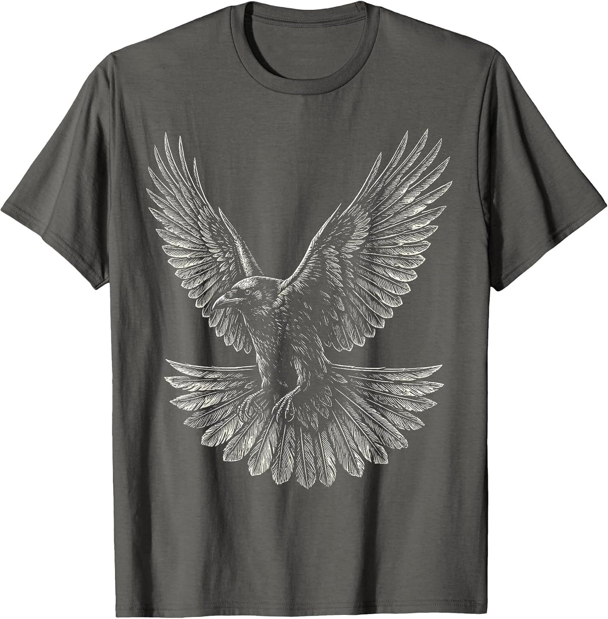 Crow in Flight Spread Wings Graphic Tee T-Shirt - Asphalt Grey
