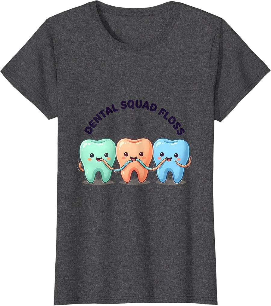 Women's Dental Squad Floss Cute Kawaii Dental Hygienist Humor T-Shirt - Dark Heather Grey
