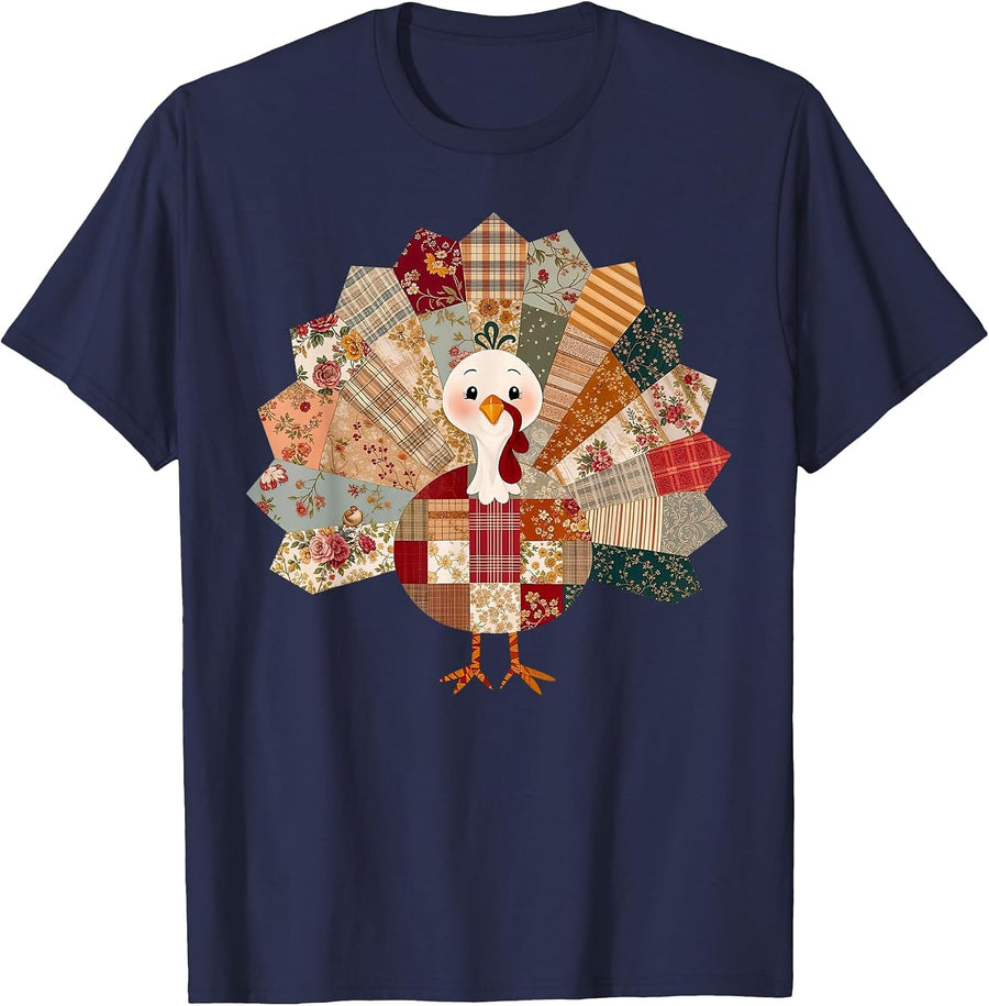 Thanksgiving Vintage Patchwork Turkey Floral Plaid Quilting T-Shirt - Navy Blue