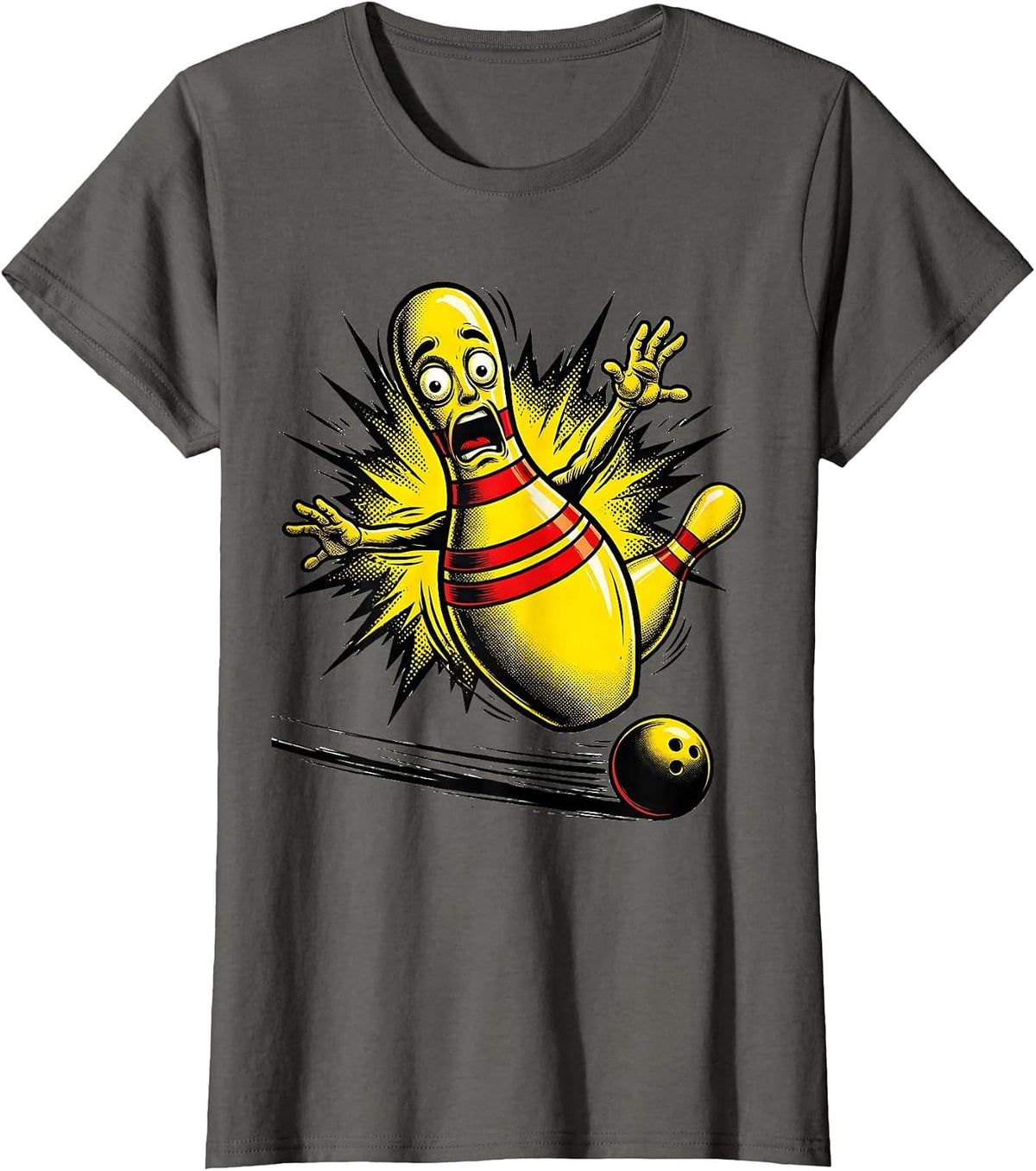 Women's Bowling Pin Shock Comic Book Bowler Humor T-Shirt - Asphalt Grey