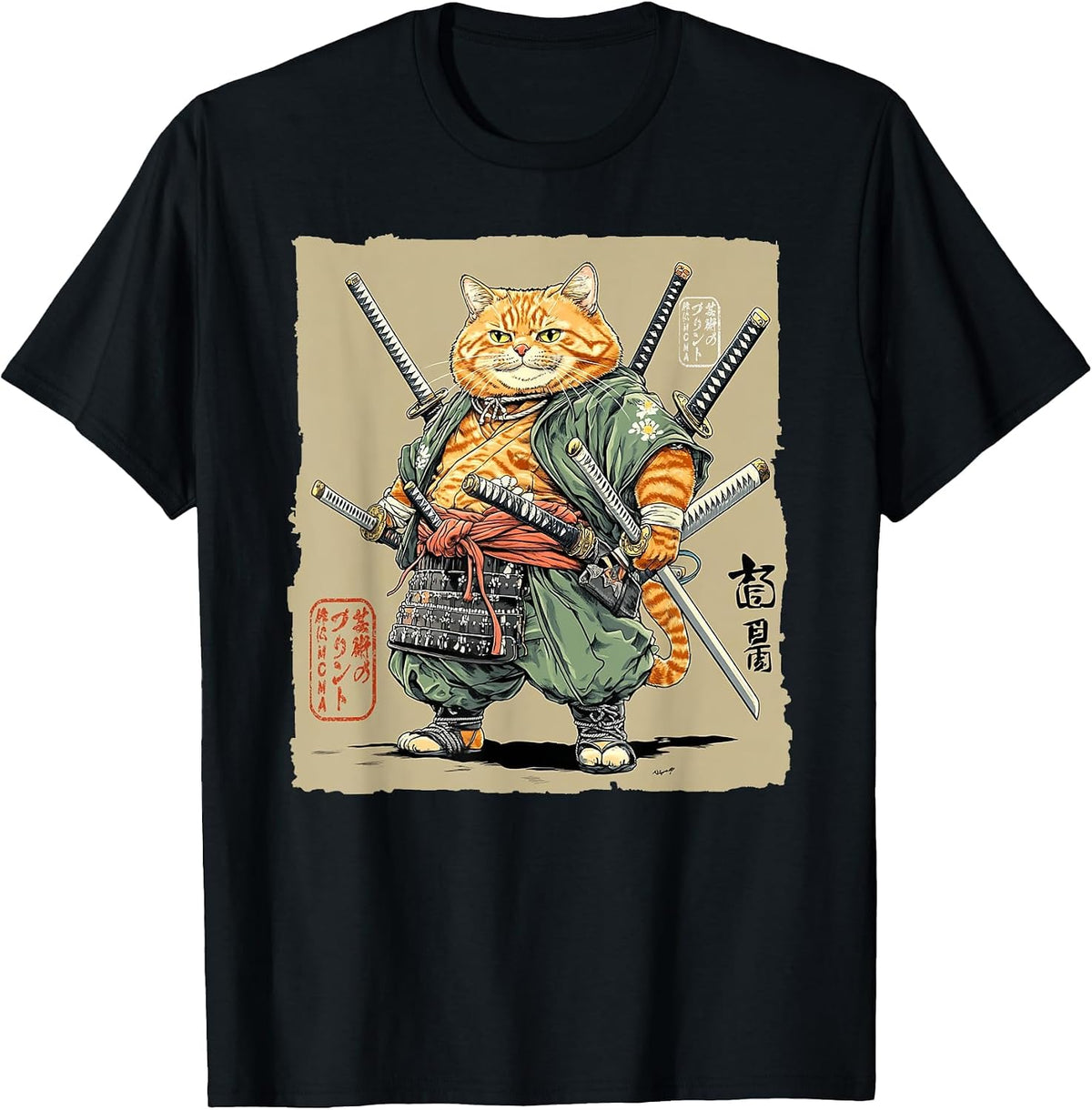 Tough Samurai Cat Multiple Swords Master Warrior Art T-Shirt - Black