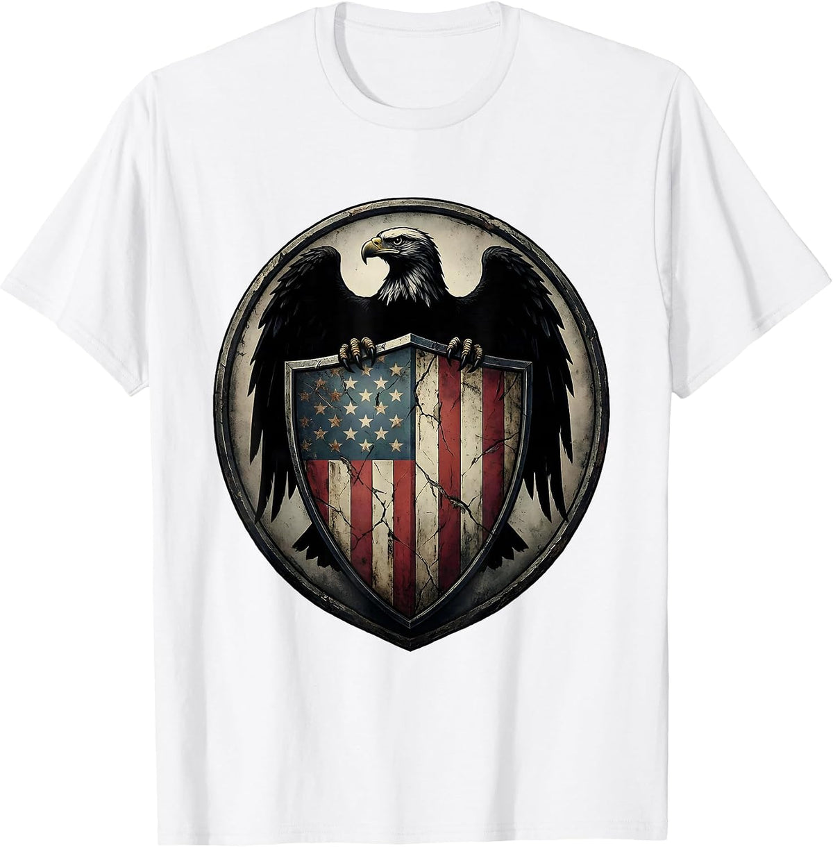 Men's Bald Eagle American Flag Shield Crest T-Shirt - White