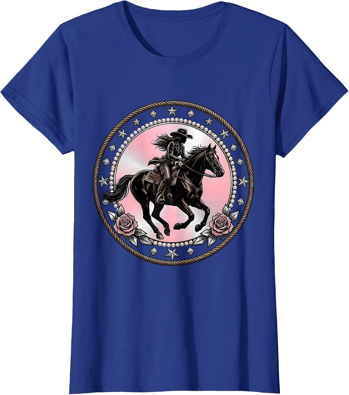Women's Cowgirl Riding Horse Sunset Silhouette T-Shirt - Royal Blue