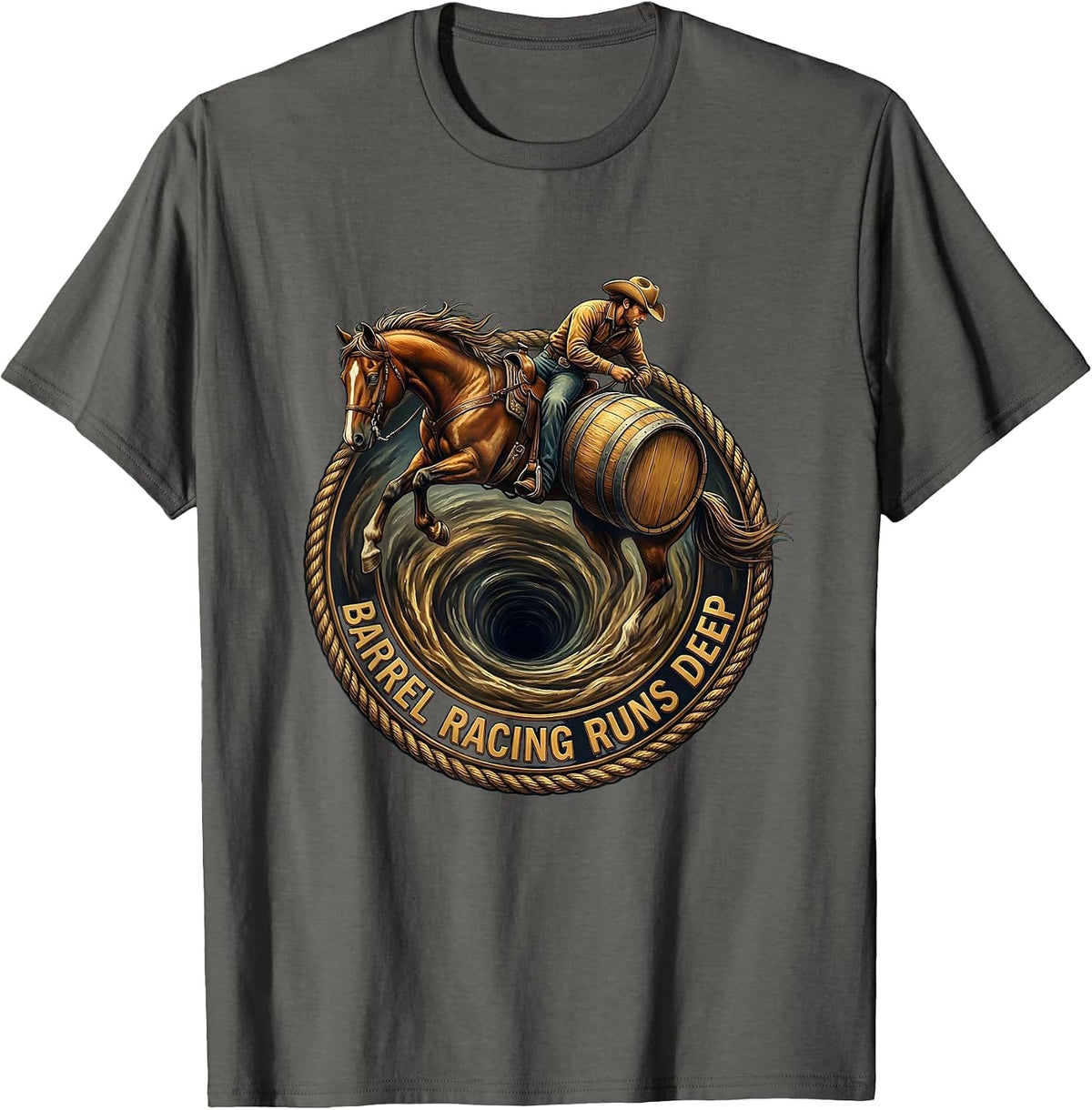 Barrel Racing Runs Deep Rodeo Design T-Shirt - Asphalt Grey